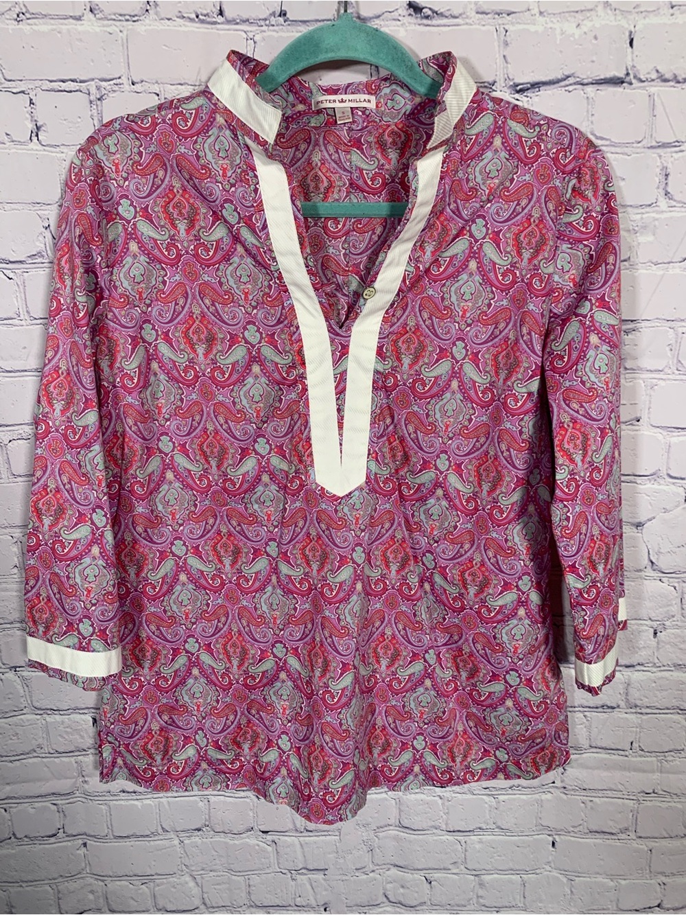Peter Millar Womens Paisley Tunic Top Pink V-Neck 3/4 Sleeves S Preppy Old Money